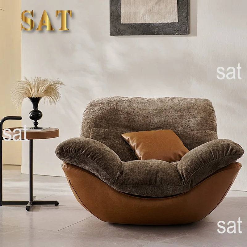 #Nordic Italian Minimalism Genuine Leather Living Room Lounge Chair Sofa Recliner High-end Bedroom Home Furniture Wood Legs
