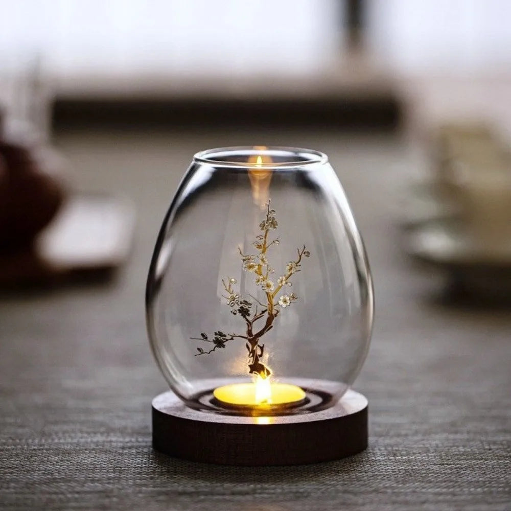 Transparent Glass Candlesticks Hollow Windproof Candle Holder with Wood Base Round Candle Cup Cover Dining Table Decoration