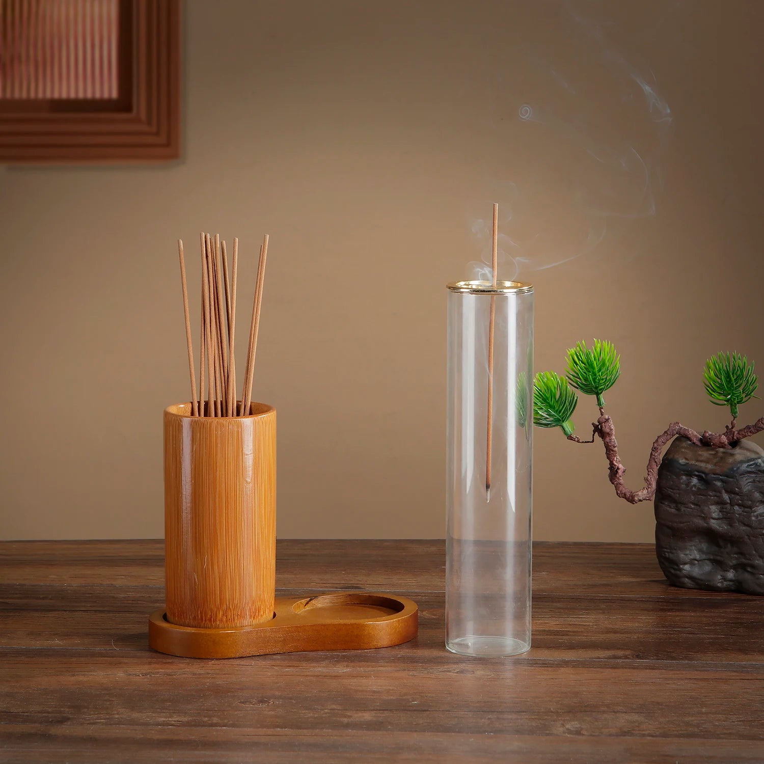 Glass & Bamboo Incense Holder Set