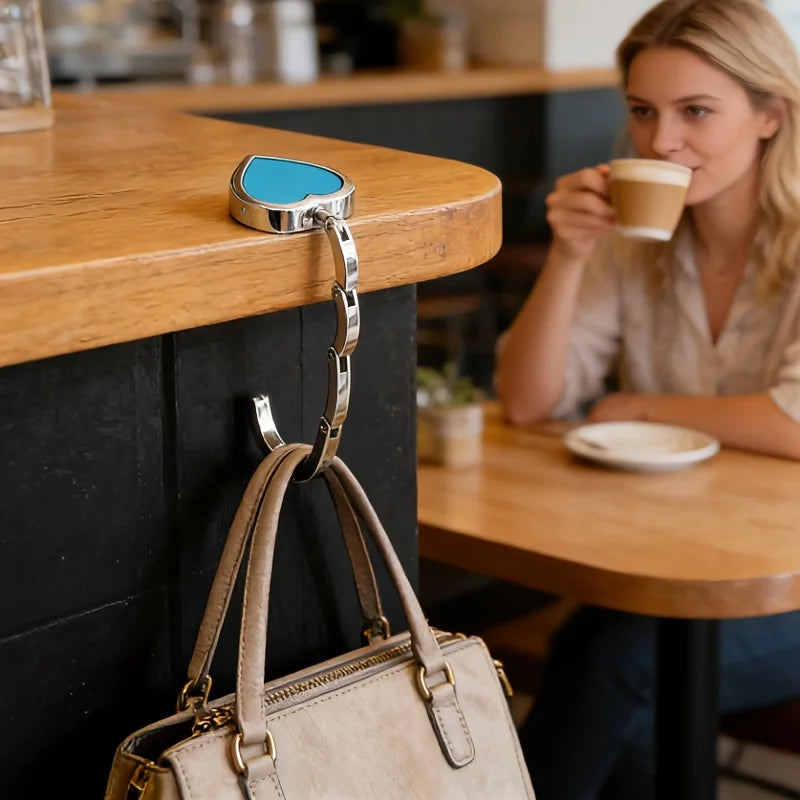 Heart-Shaped Leather Metal Hook, Women's Bag Hook Stand, Desktop Hook Bag Stand, Available in 7 Colors, Suitable for Travel, Office, and Leisure, Supports up to 22.05 Lb, Made of Sturdy and Durable Metal, Leather Style