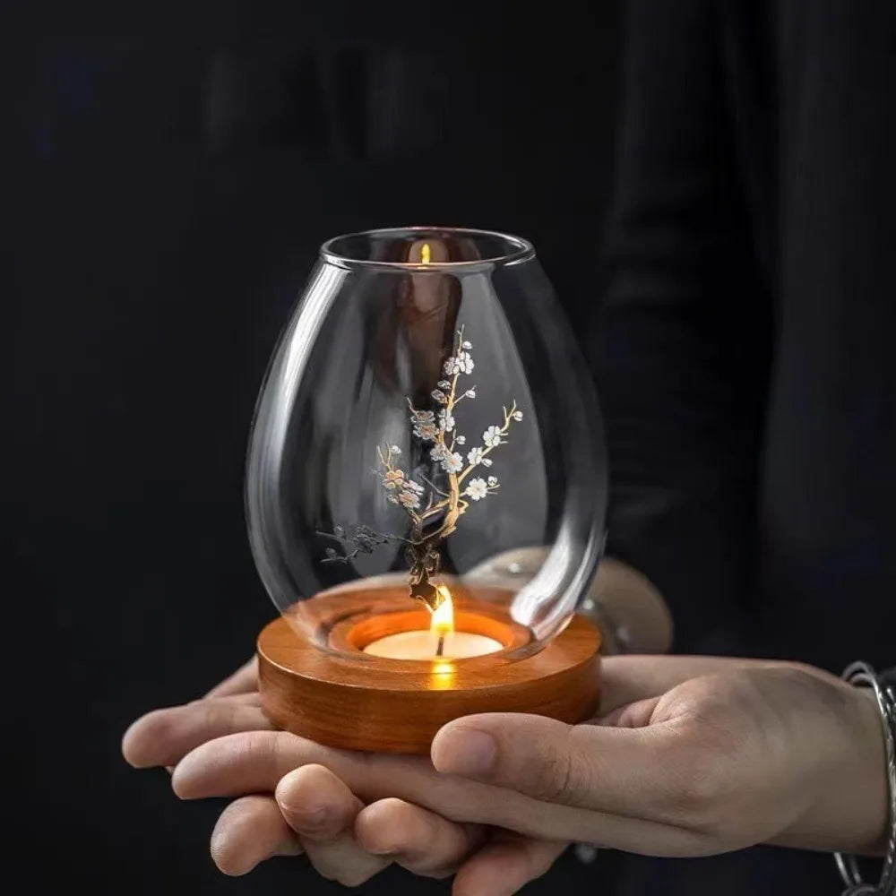 Transparent Glass Candlesticks Hollow Windproof Candle Holder with Wood Base Round Candle Cup Cover Dining Table Decoration