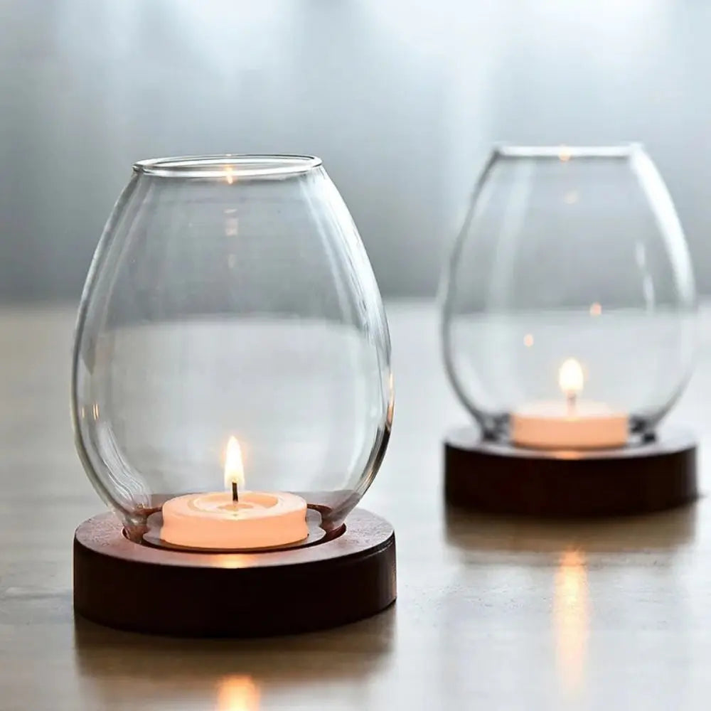 Transparent Glass Candlesticks Hollow Windproof Candle Holder with Wood Base Round Candle Cup Cover Dining Table Decoration