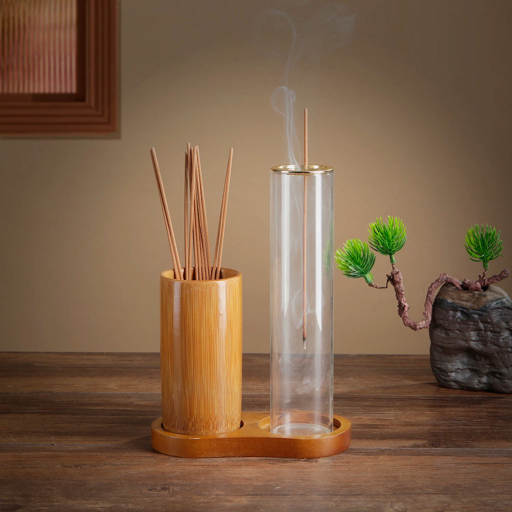Glass & Bamboo Incense Holder Set