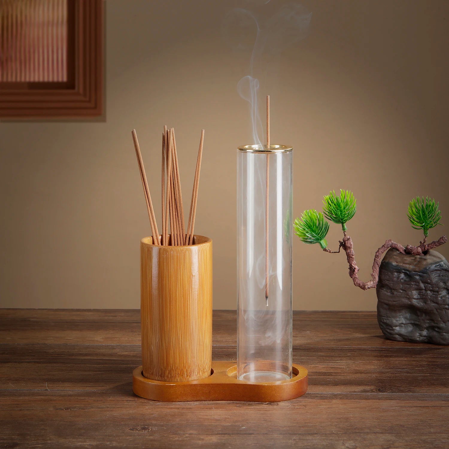 Glass & Bamboo Incense Holder Set