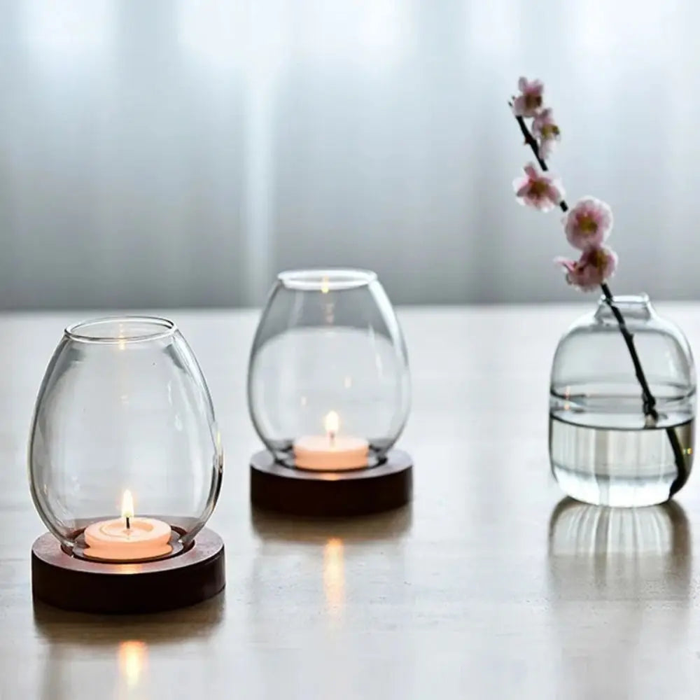 Transparent Glass Candlesticks Hollow Windproof Candle Holder with Wood Base Round Candle Cup Cover Dining Table Decoration