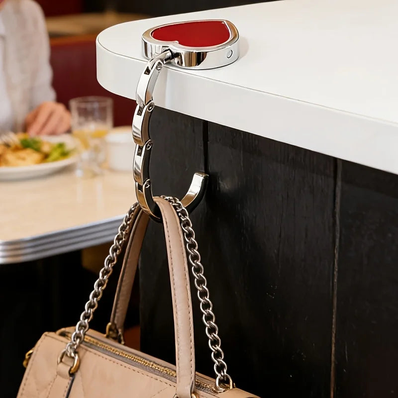 Heart-Shaped Leather Metal Hook, Women's Bag Hook Stand, Desktop Hook Bag Stand, Available in 7 Colors, Suitable for Travel, Office, and Leisure, Supports up to 22.05 Lb, Made of Sturdy and Durable Metal, Leather Style