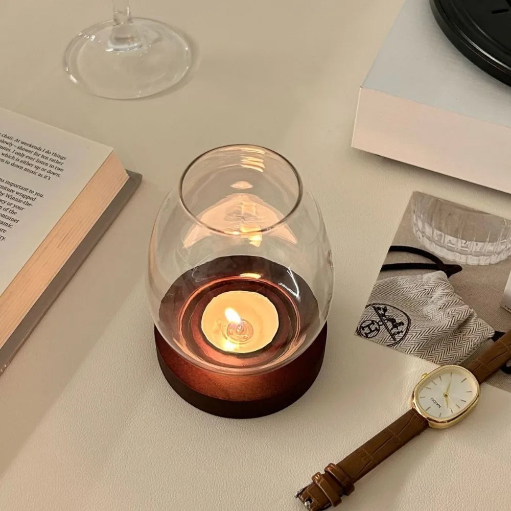 Transparent Glass Candlesticks Hollow Windproof Candle Holder with Wood Base Round Candle Cup Cover Dining Table Decoration