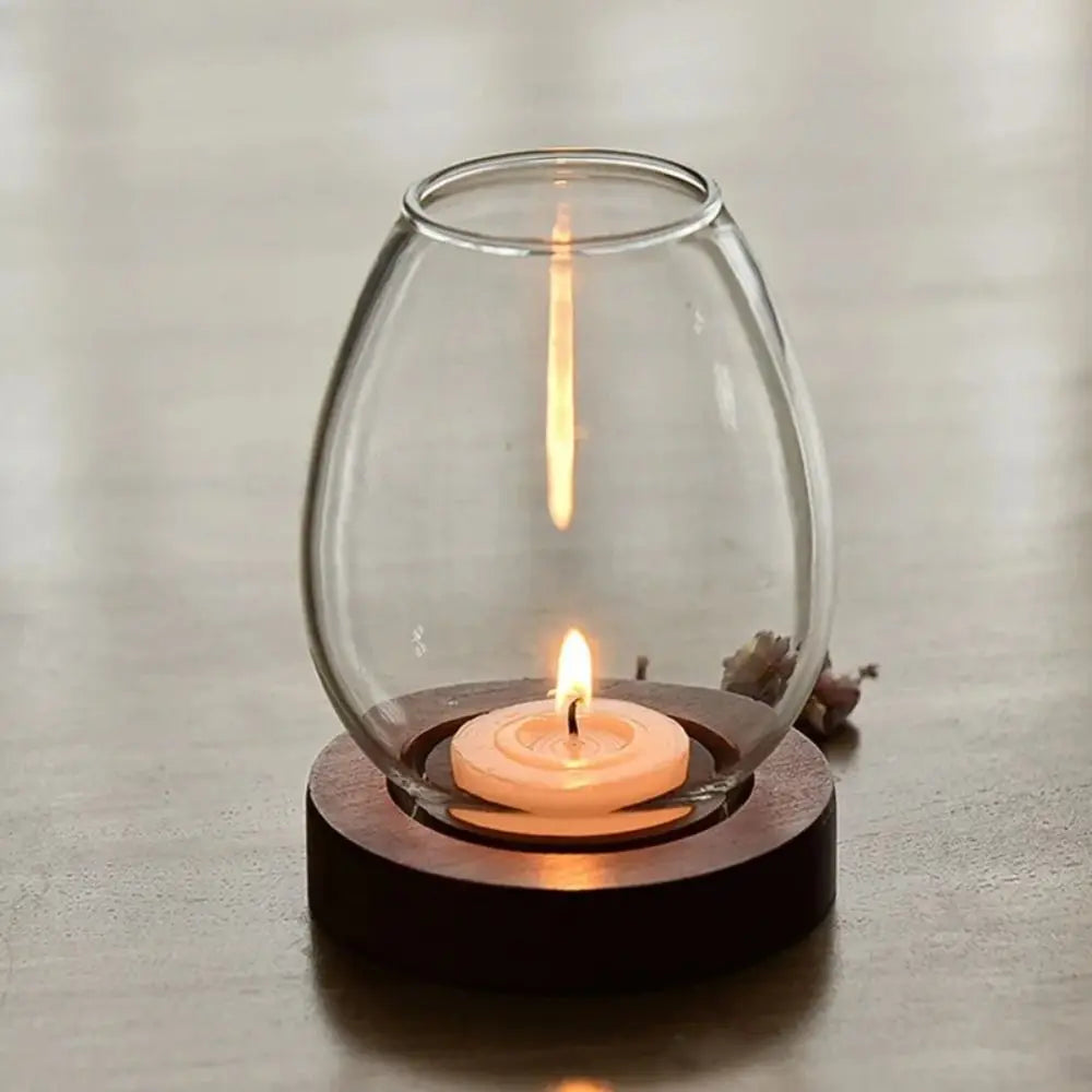 Transparent Glass Candlesticks Hollow Windproof Candle Holder with Wood Base Round Candle Cup Cover Dining Table Decoration