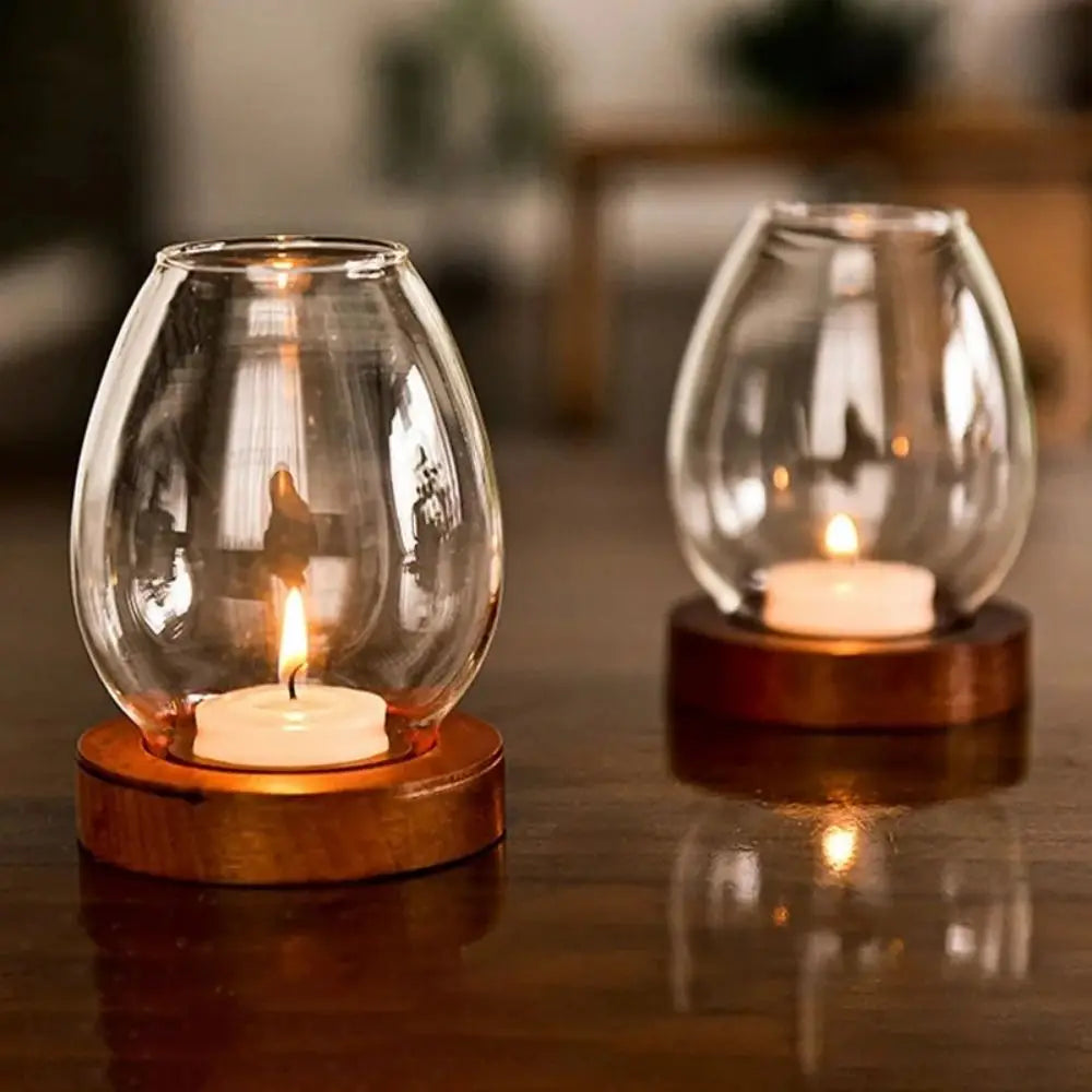 Transparent Glass Candlesticks Hollow Windproof Candle Holder with Wood Base Round Candle Cup Cover Dining Table Decoration