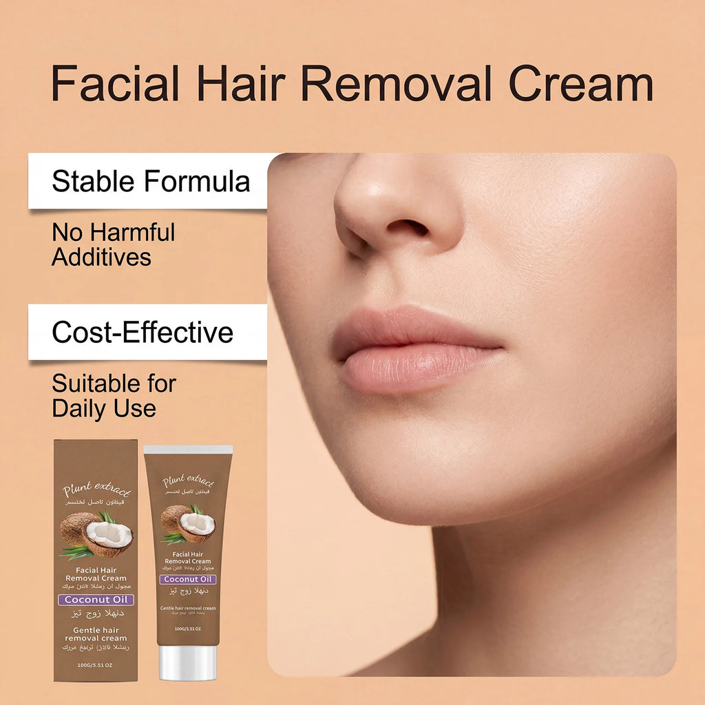 Coconut Oil Facial Hair Removal Cream for Upper Lip and Chin Removes Cheek Fine Hair Lip Hair Smooths and Nourishes Skin Care