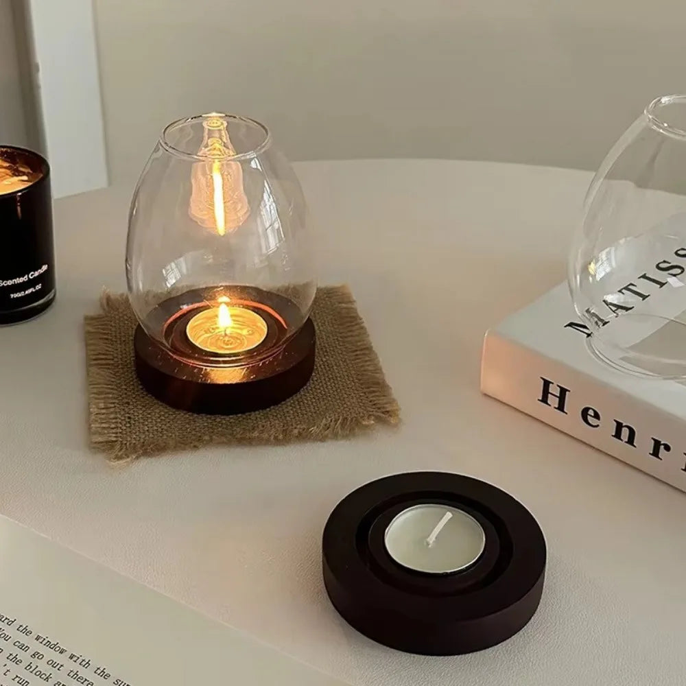 Transparent Glass Candlesticks Hollow Windproof Candle Holder with Wood Base Round Candle Cup Cover Dining Table Decoration