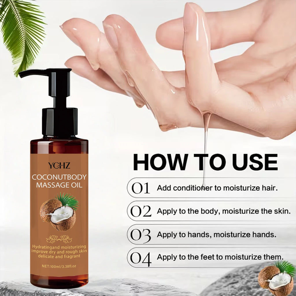 Coconut Moisturizing Massage Oil - Hydrating and Moisturizing, Long-Lasting Fragrance, Fragrance-Free, Suitable for Face, Body, Hair, and Diffusers/Humidifiers - 100ml
