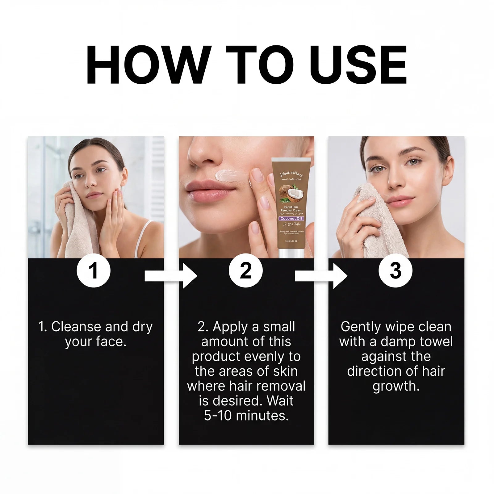Coconut Oil Facial Hair Removal Cream for Upper Lip and Chin Removes Cheek Fine Hair Lip Hair Smooths and Nourishes Skin Care