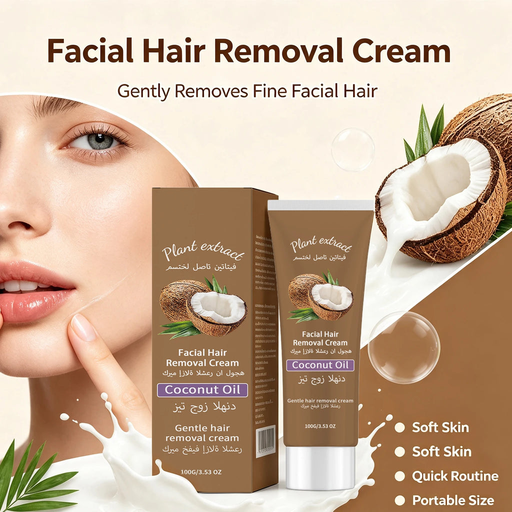 Coconut Oil Facial Hair Removal Cream for Upper Lip and Chin Removes Cheek Fine Hair Lip Hair Smooths and Nourishes Skin Care