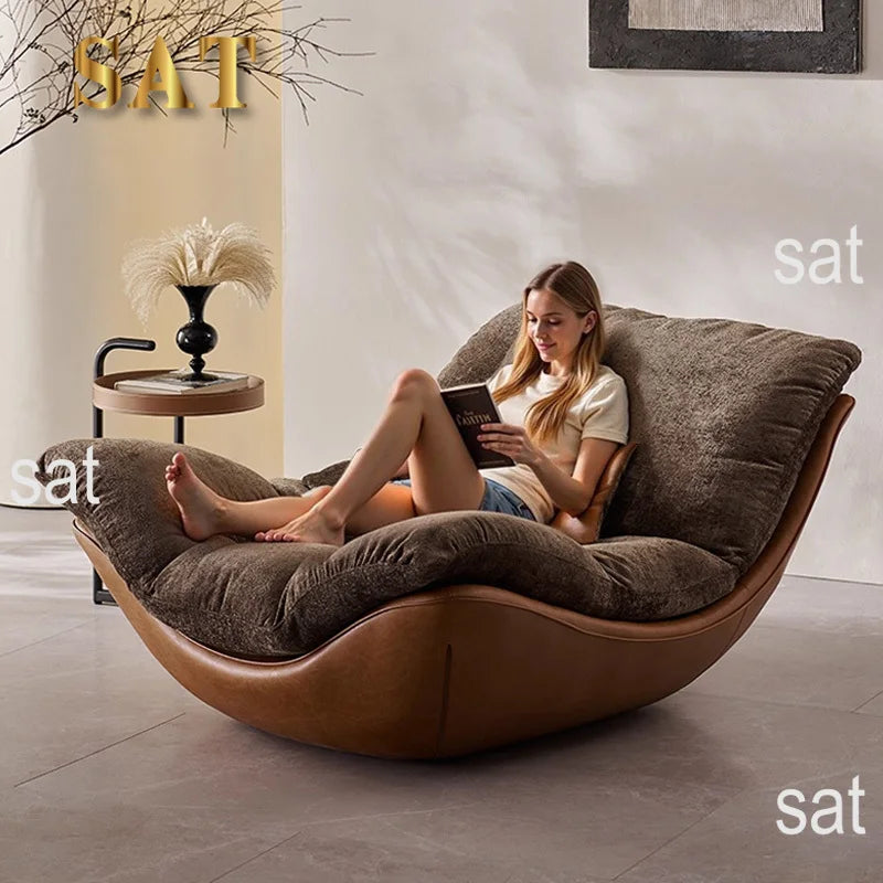 #Nordic Italian Minimalism Genuine Leather Living Room Lounge Chair Sofa Recliner High-end Bedroom Home Furniture Wood Legs