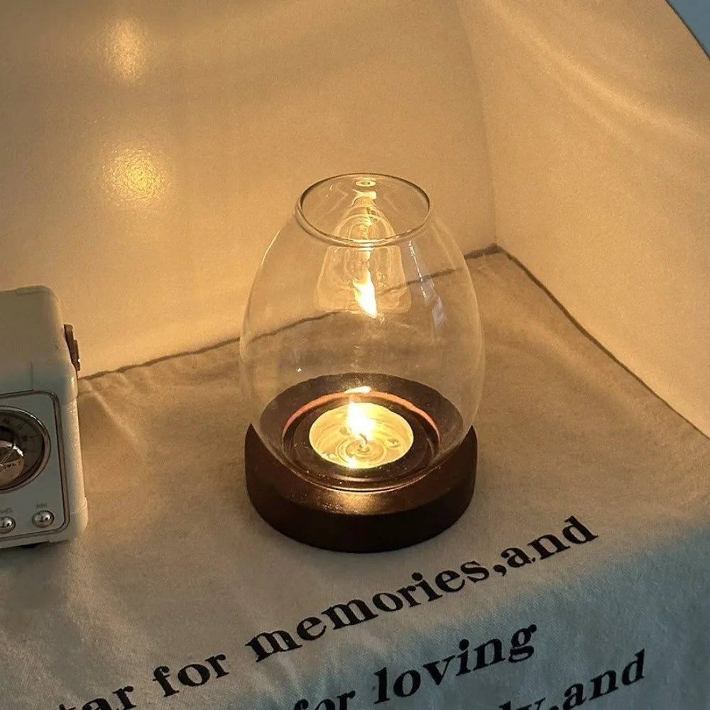 Transparent Glass Candlesticks Hollow Windproof Candle Holder with Wood Base Round Candle Cup Cover Dining Table Decoration