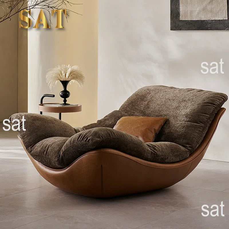 #Nordic Italian Minimalism Genuine Leather Living Room Lounge Chair Sofa Recliner High-end Bedroom Home Furniture Wood Legs