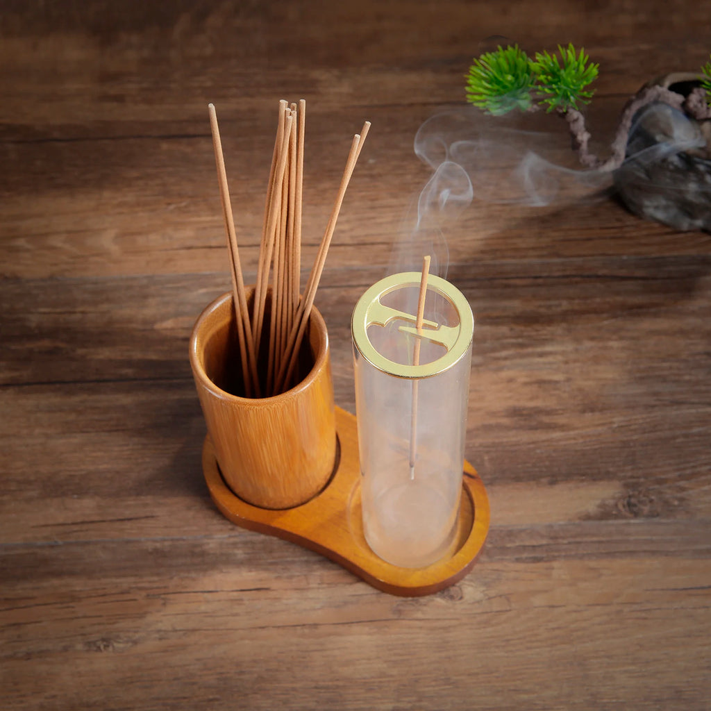 Glass & Bamboo Incense Holder Set