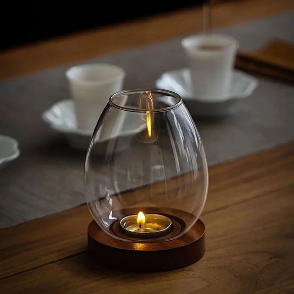 Transparent Glass Candlesticks Hollow Windproof Candle Holder with Wood Base Round Candle Cup Cover Dining Table Decoration