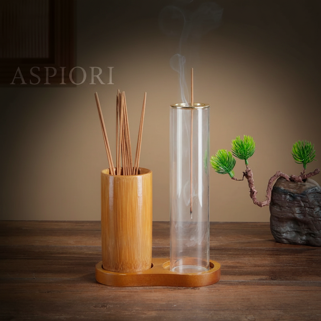 Glass & Bamboo Incense Holder Set